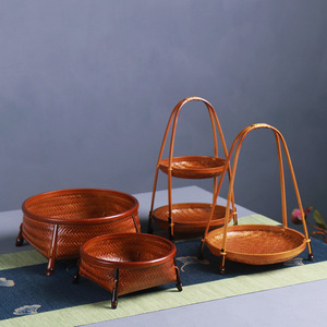 <b>Bamboo</b> Woven Basket Set Round Storage <b>Container</b> For Living Room Snack Tea Serving Handmade Natural Material - Product Image 1