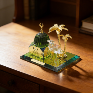 Vintage-style crystal glass mosque model, featuring desert palm trees and camel <b>statues</b>, a durable souvenir suitable for indoor - Product Image 1