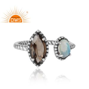 Ethiopian Opal Smoky <b>Quartz</b> Gemstone <b>Ring</b> Prong Set Sterling Silver Oxidized Adjustable <b>Ring</b> Jewelry Supplier - Product Image 2