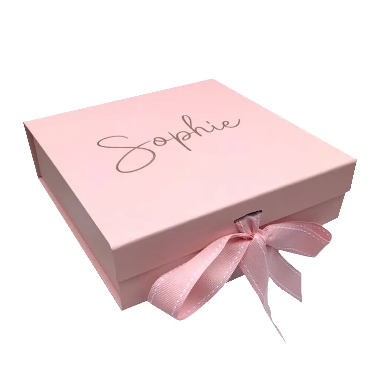 लक्जरी फ्लैट पैक तह गत्ता कागज गुलाबी बॉक्स रिबन Closures पुस्तक के आकार का चुंबकीय ढक्कन के साथ Foldable पैकेजिंग उपहार बक्से