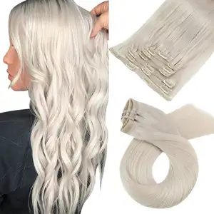 Extension de cheveux humains européens en PU avec Clip, couleur blond cendré # 60A, mise à niveau de qualité