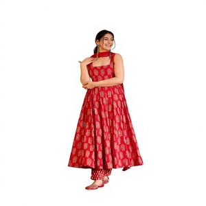 Women's RED Printed Anarkali Suit With Dupatta Floor Length Traditional Party Wear India Pakistan Style Silk <b>Dress</b> - Product Image 1