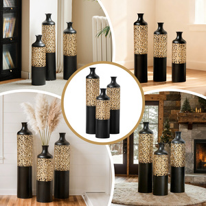 Handcrafted Metal Floor <b>Vase</b> Set Black Gold Cutout Design Tall <b>Vases</b> 20.8 24.8 28.7 Inches Living Room Entryway Decor - Product Image 4