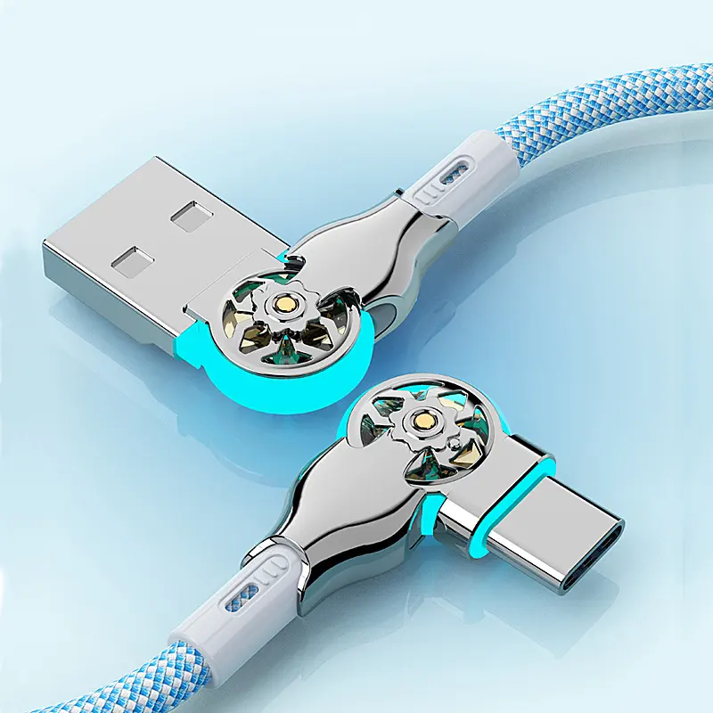 2023 con trenza azul agua Carga rápida giratoria para iPhone 15 Tipo C Cable de datos con carga de flash LED para iPhone 15