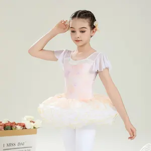 New Style Design Kids Girls Children Training Dance Wear Tie-dyed Mesh Fairy Flutter Sleeves Ballet Leotards with tutu Skirts