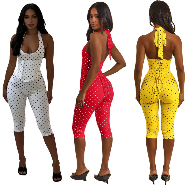 Sexy Polka Dot Print Bodycon Jumpsuits Woman Halter Deep V-neck Backless Rompers Female Streetwear Overalls