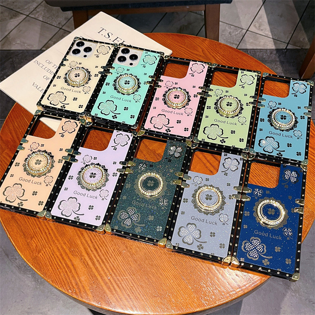 Lucky Flower Design with Rhinestone Stand Holder Rectangle Gorgeous Phone Cases for iPhone 15 16 Pro Max mobile covers for girls