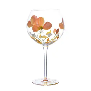 Luxury Hand Painting Pretty Flower Designs Glass Stemware Decorative Painted Beverage Goblet Wine Glass