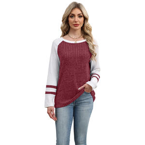 Camiseta de Verano para Mujer, Informal, Holgada, Transpirable, Nueva Moda, Manga Larga, Cuello Redondo, Contraste de Color - Product Image 5