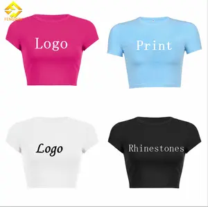 Wholesale custom cotton sexy casual acid wash retro embroidery print short navel cropped crop tops for women Crop top t-shirt