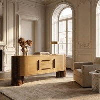 Buffet moderne en placage de chêne avec accents en bois de burl, meuble de rangement multifonctionnel avec pieds en bois massif