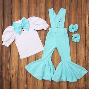 Nouvelle collection Printemps-Été 2022 : Ensemble deux pièces en coton pour bébés filles, style boutique, avec pantalon patte d'éléphant à bretelles - Product Image 2