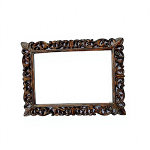 Hand Carved Wooden <b>Wall</b> <b>Mirror</b> Frame Brown Finish Rectangular <b>Hanging</b> <b>Mirror</b> Frame for Vertical or Horizontal Display Home - Product Image 1