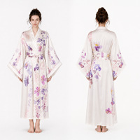 Robe de chambre kimono longue en satin et mousseline de soie à imprimé floral de luxe pour femmes, manches larges, grande taille