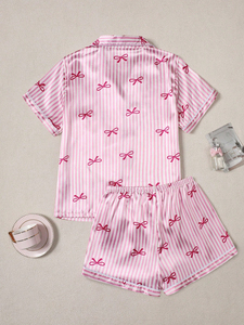 Conjunto de Pijama Corto con Estampado de Rayas y Lazo para <span class=keywords><strong>Mujer</strong></span>, Acabado Satinado, Suave, Verano, Dos Piezas, Ropa de Dormir - Product Image 6
