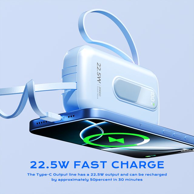 Power Banks LED Digital Display Mobile Phone Mini Powerbank 22.5W Fast Charging Built-in Cable 20000mah Power Bank