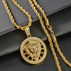 Pendentif Collier Homme Tête de Lion Creuse Ronde Personnalisable en Acier Inoxydable 316L Plaqué Or 18K avec Cordon Tressé Épais - Product Image 5