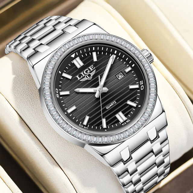 LIGE LG89132 Watches for Men Luxury Analog Big Face with Date Diamond Classics WristWatch Stainless Steel Waterproof + Gift Box