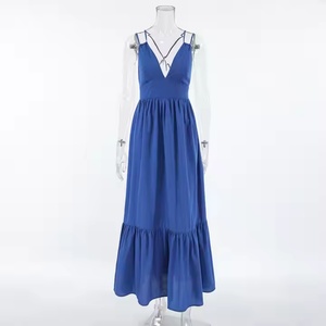 Robe longue d'été décontractée bleue en coton et lin de haute qualité, col en V, sans manches, avec fente haute, pour femme - Product Image 3