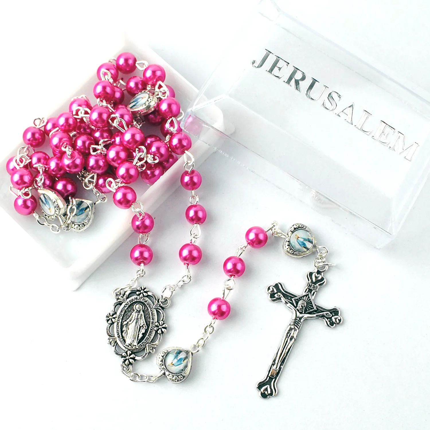 Perles blanches avec cœur en métal, pièces, chapelet avec boîte Rectangle en plastique imprimé