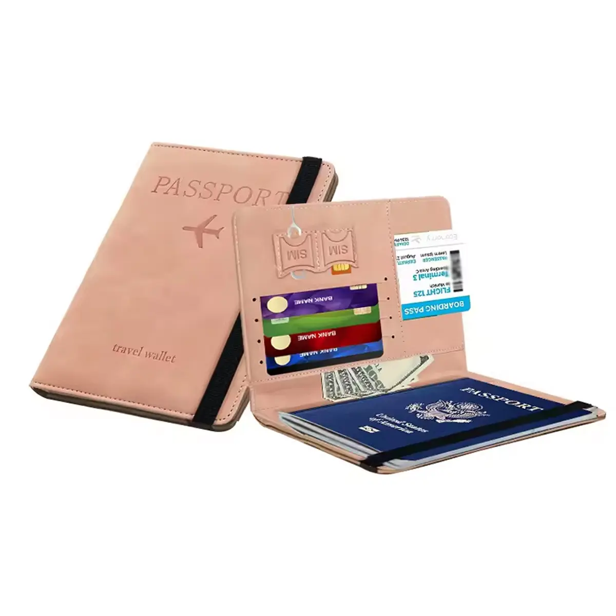 Dompet paspor perjalanan, klip paspor, sarung Pu kulit pemegang dokumen Premium memblokir RFID