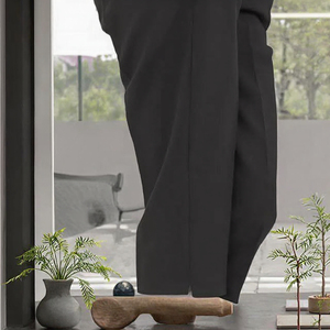 Pantalon droit noir tricoté pour femme, taille mi-haute, longueur intégrale, taille élastique, respirant, plissé, couleur unie, coupe ample, idéal pour l'été - Product Image 3