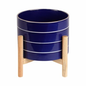 Vaso in Ceramica a Righe con Supporto in Legno per Arredamento Casa, Fioriera per Ingresso, Patio, Tavolo, Giardino, Colorato - Product Image 1