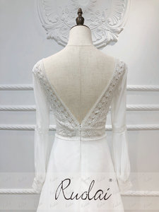 Vestido de novia bohemio de encaje de gasa para niñas de boda de playa de manga larga vintage de manga larga para mujer, vestido de boda - Product Image 3
