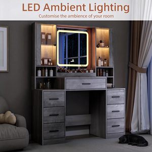 SENYU Coiffeuse Moderne avec Miroir Éclairé, 5 Tiroirs, Station de Recharge, Meuble de Chambre sur Pied, Design en Panneaux MDF - Product Image 6