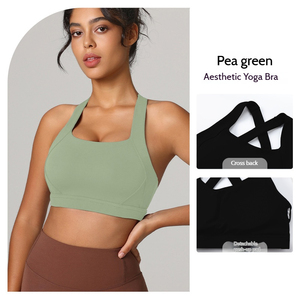 Haut de yoga pour femme, sans coutures, couleurs unies, bretelles croisées, coupe courte, séchage rapide, respirant, soutien-gorge de sport - Product Image 4