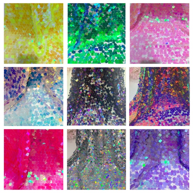 Wholesale Colorful Square Sequin Fabric Shiny Holographic Sequin Fabric Gradient Green Sequin for Evening Dress and Stage Decor