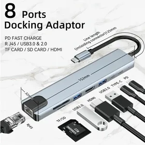 8-in-1 안정적인 다각적 인 3.0 usb 허브 RJ45 네트워크 전송 TF/SD 카드 리더 usb c 어댑터 허브 케이블 유형 c usb 3.0