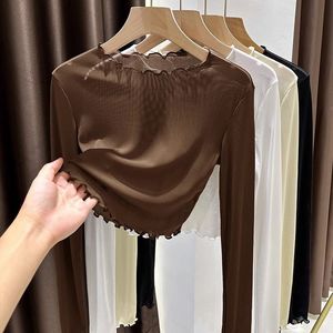 1pcs Spring Autumn Sexy Women T Shirt <strong>See</strong> <strong>Through</strong> Transparent Mesh Lace <strong>Tops</strong> Long Sleeve Sheer Slim Ladies Round-neck T-shirt - Product Image 1