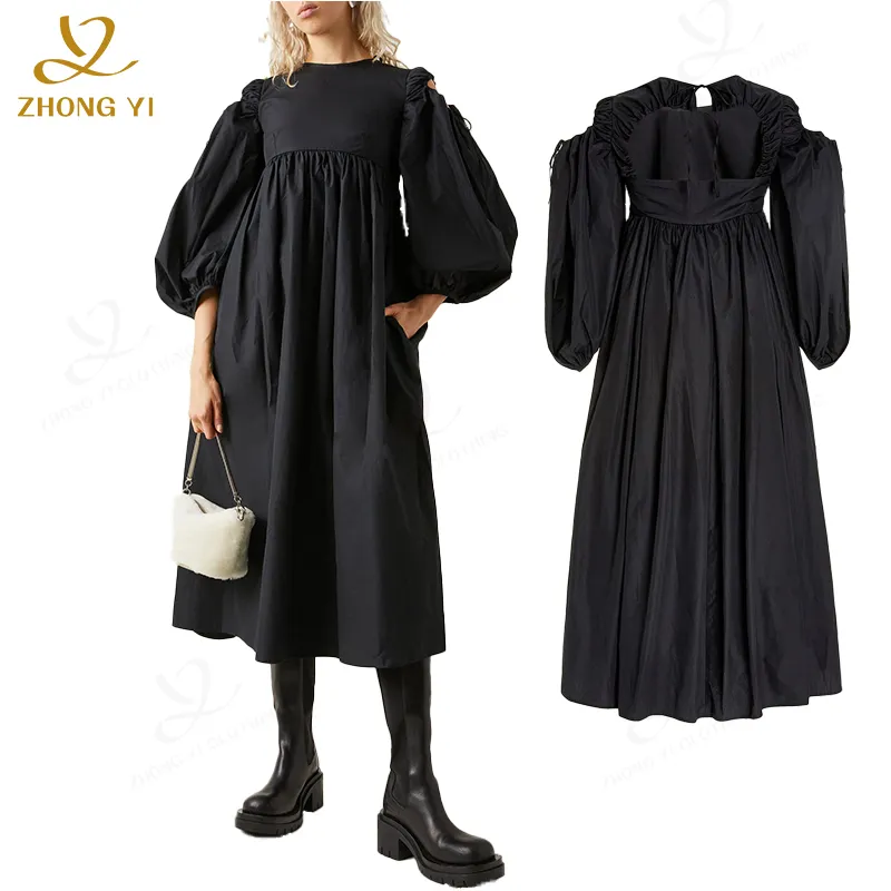 Kolay kuru fener kollu kadın moda gevşek elbiseler özel keten Hollow Backless yüksek bel siyah Midi rahat elbise