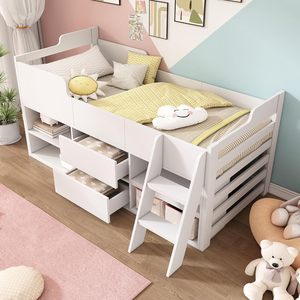 Cama <span class=keywords><strong>de</strong></span> cabina <span class=keywords><strong>de</strong></span> madera para niños <span class=keywords><strong>de</strong></span> 3 pies, marco <span class=keywords><strong>de</strong></span> cama para dormir medio con estante <span class=keywords><strong>de</strong></span> almacenamiento, escalera, cama baja para dormir, niños, niños y niñas - Product Image 1