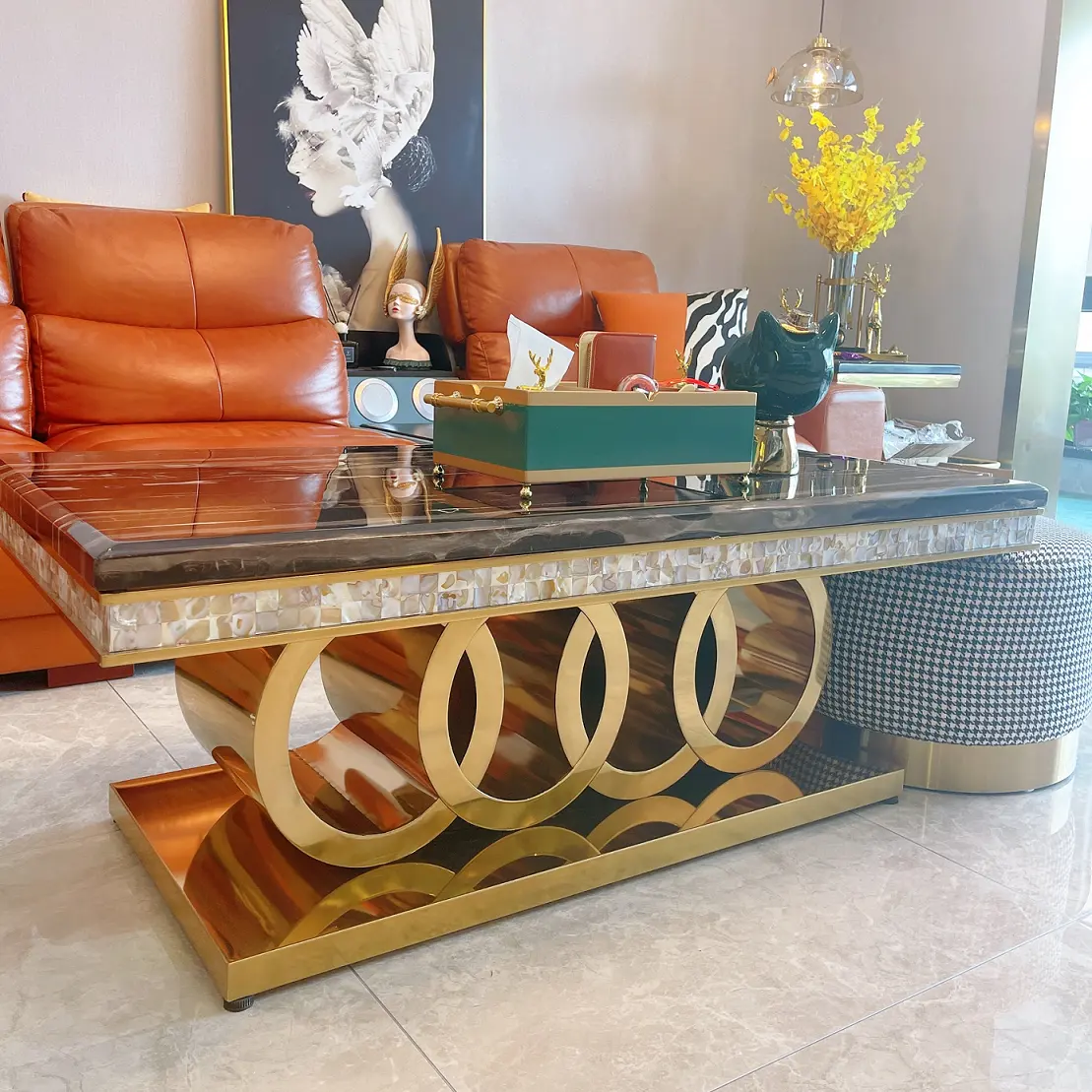 Luxe Stenen Marmeren Salontafel Moderne Gouden Zilveren Stalen Frame Metalen Middentafel Huis Woonkamer Meubels Salontafel