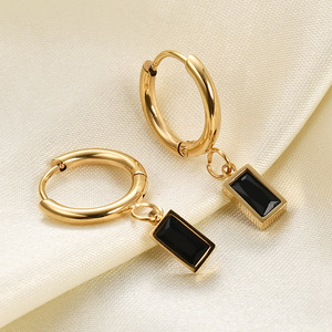 Hoop <b>Earrings</b> 8MM Stainless Steel Geometric Rectangle Bezel Setting <b>Green</b> Black White Party Women's Jewelry - Product Image 3