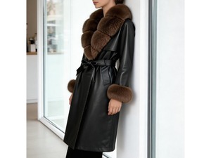 OFTBUY Giacca in Pelle PU Impermeabile Reversibile Primavera/Autunno con Collo e Polsini in Finta Pelliccia di Volpe, Cintura Lunga, Stile Moto - Product Image 6