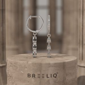 White Gold Triple Pear Diamond <b>Drop</b> Earrings Elegant Pave Set Round and Pear Cut Diamond Dangle Hoops - Product Image 3