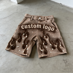 กางเกงยีนส์ขาสั้นวินเทจ แต่งคริสตัล ทรงแบ็กกี้ ขาสั้นทรงจ็อต ล้างสีแบบแอซิด ข้อเข่าสองชั้น สไตล์สตรีทแวร์ ทรงหลวม สกรีนโลโก้ได้ - Product Image 1