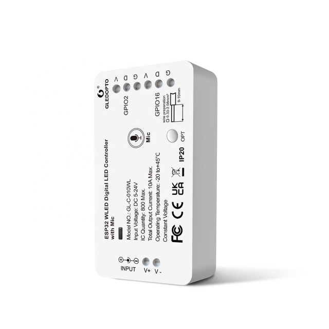Hot Sell GLEDOPTO Controller GL-C-010WL ESP32 WLED Digital LED Controller with Mic RGB RGBW IC Quantity 800Max LED Controller