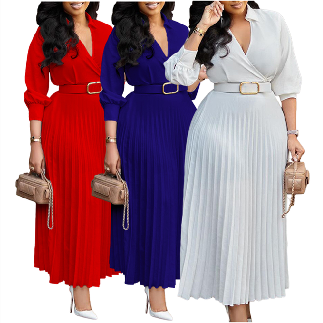 D472 Trendy Spring Dresses Women Lady Elegant Long Sleeve V-neck Pleated Office Dress Elegant Casual Dresses With Belt