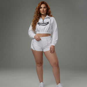 White Cropped <b>Blazer</b> Matching Shorts Plus Size High Waist Elastic Closure Contrast Stitch Letter Print Waterproof Windbreaker - Product Image 1