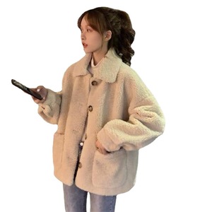 Women's Faux Fur Coat Apricot Solid Color Medium Thickness Patchwork Button Pocket Loose Short Jacket Autumn Winter Wear - Product Image 4
