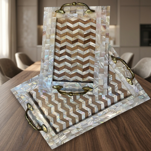 Bandeja de madera LORD con diseño de espiga, incrustaciones de nácar y asas de latón, bandeja decorativa para servir, Uttar Pradesh, para exhibir en la mesa del hogar - Product Image 5