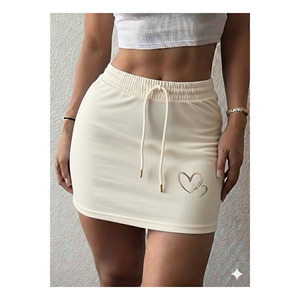 Women's Green Mini Skirt Elastic Waist Drawstring Heart Print 45 Cm Length Casual Wear - Product Image 6