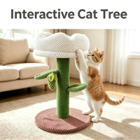 Arbre à chat interactif en forme de cactus mignon avec poteau en sisal vert, lit de repos fleur blanc et boule suspendue