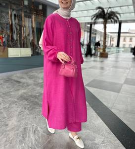 HANO Dubai Abaya Set Design Color sólido Blusa musulmana y <span class=keywords><strong>pantalones</strong></span> Conjunto Camisas Vestido musulmán Ropa islámica Mujeres Tops musulmanes largos - Product Image 3
