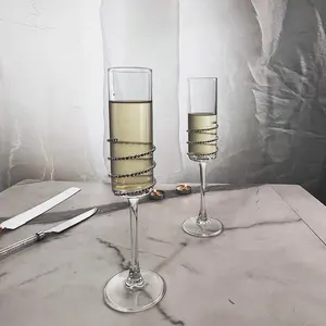 Handmade 150ml Square Diamond Glitter Champagne Flutes Wedding Glasses Goblet With Gift Box Set