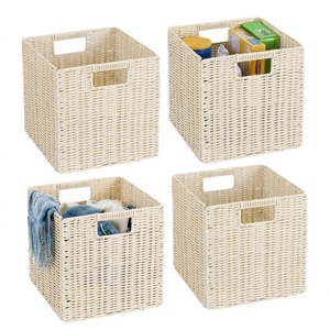Cesta de Almacenamiento de Mimbre Plástico Beige, Cuadrada, Plegable, con Asas, para el Hogar, Picnic, Bodas y Fiestas - Product Image 3